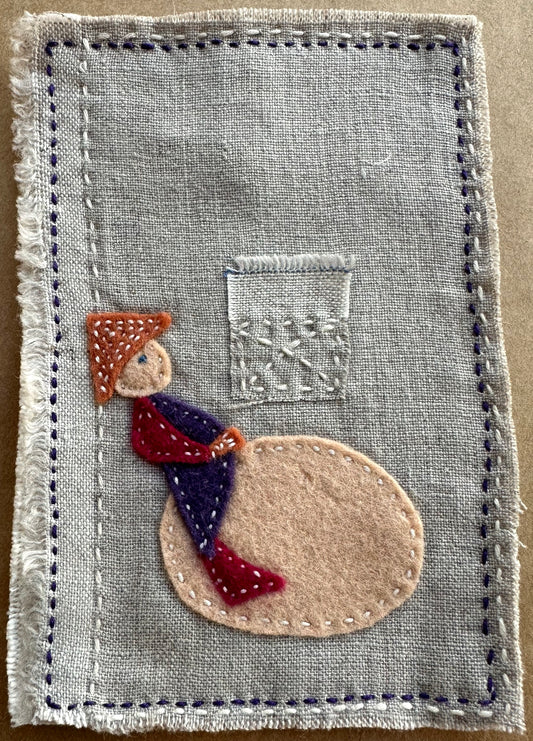 Happy Scrappy #28 Looking Up | Linen, Cotton, Felt, & Thread Art | Small Original Art
