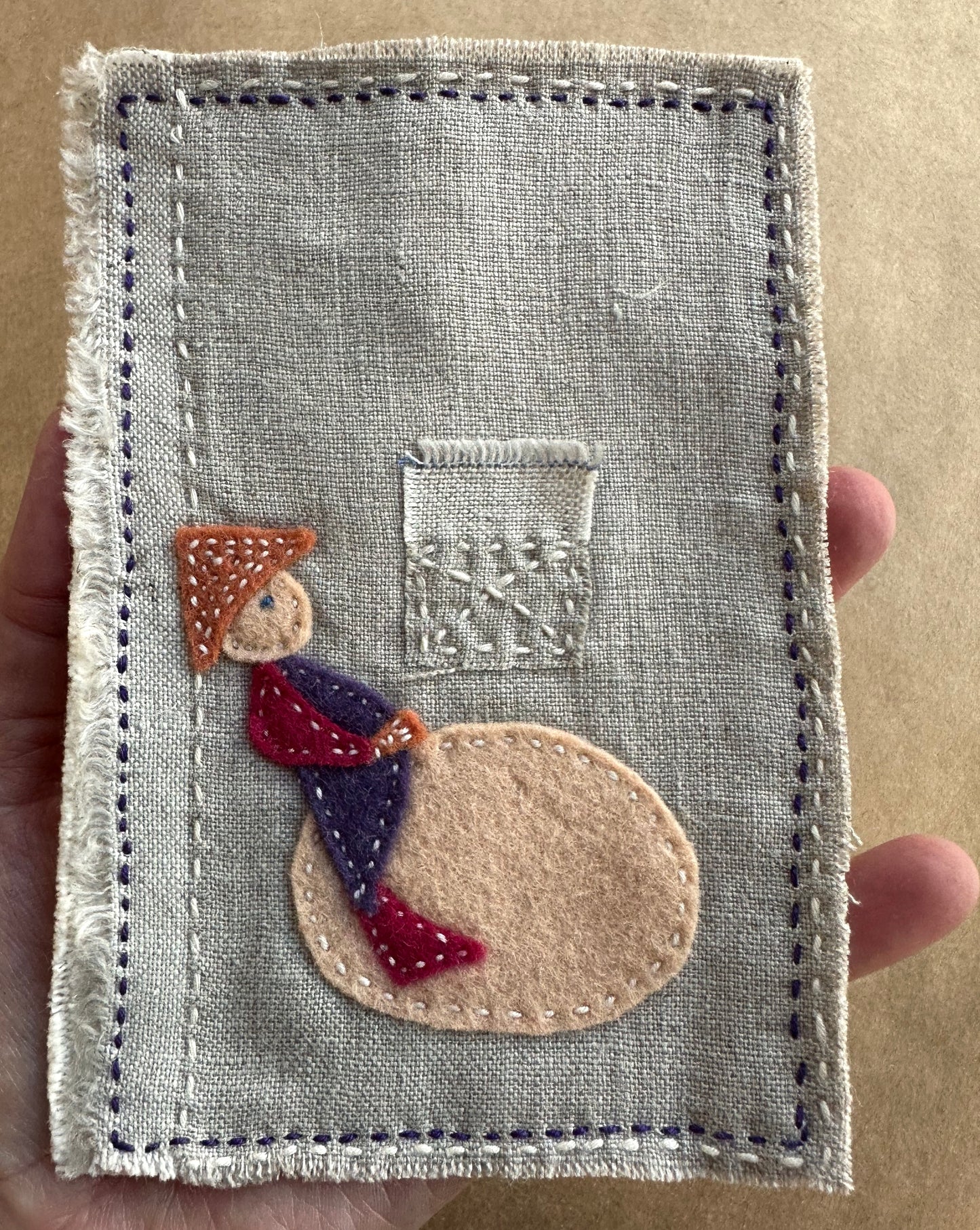 Happy Scrappy #26 Looking Up | Linen, Cotton, Felt, & Thread Art | Small Original Art