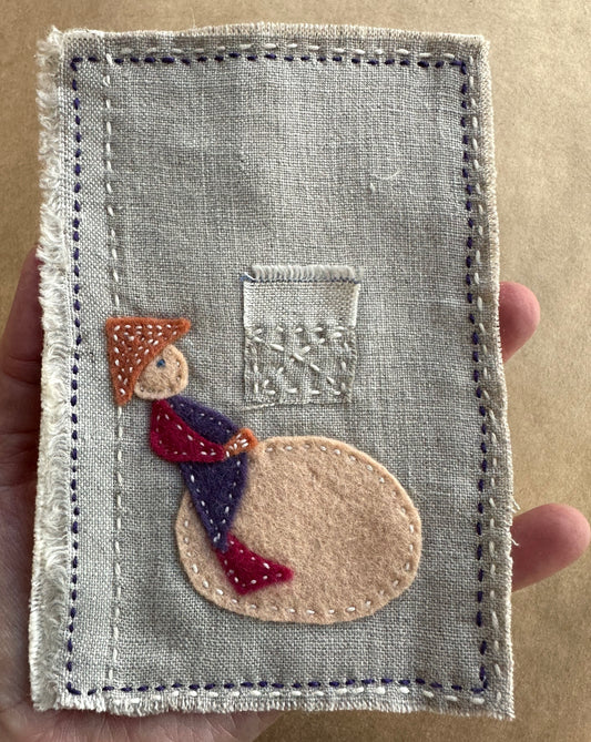 Happy Scrappy #28 Looking Up | Linen, Cotton, Felt, & Thread Art | Small Original Art
