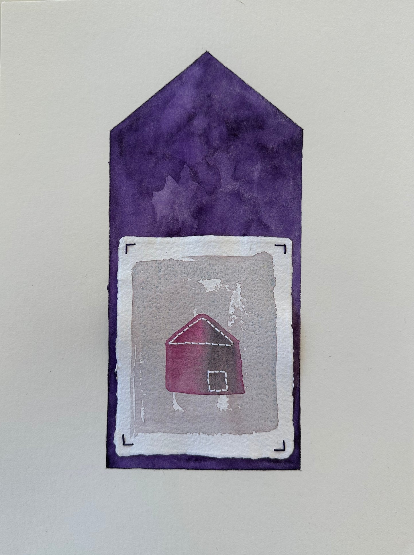 Fragments of Home #35, Home Within a Home by Suzanne Gibbs, watercolor and stitched paper collage featuring a small magenta house framed inside a larger purple house silhouette.