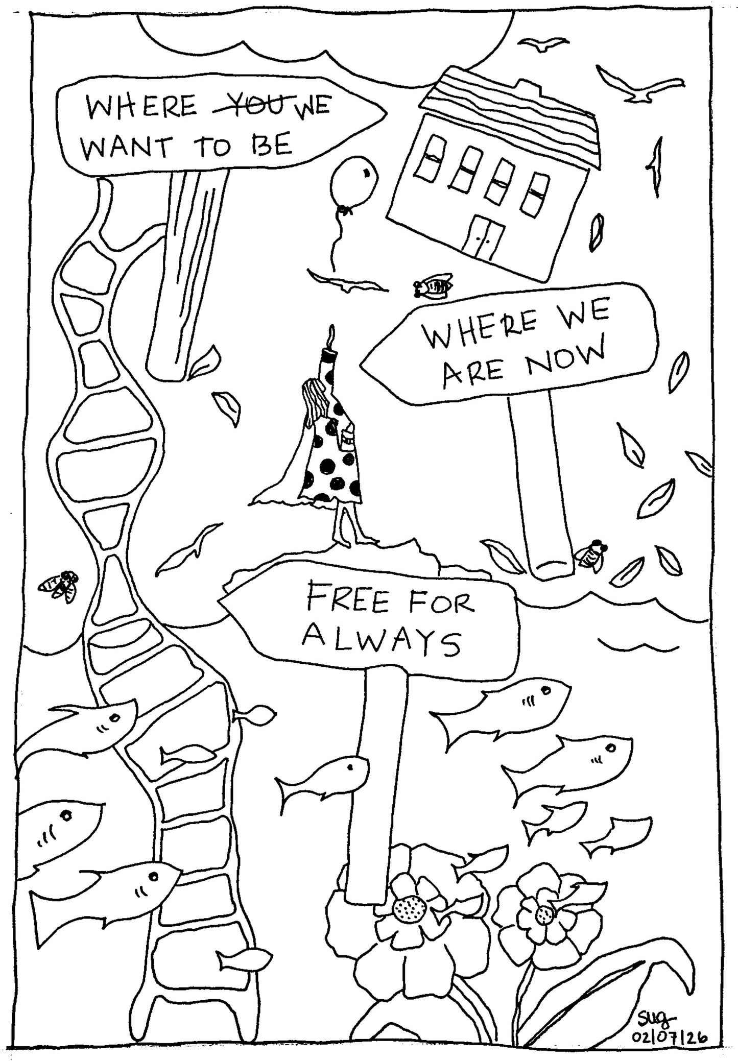 Ink illustration called Between Water and Sky with signs pointing to 'Where we want to be', 'Where we are now', and 'Free for Always'.