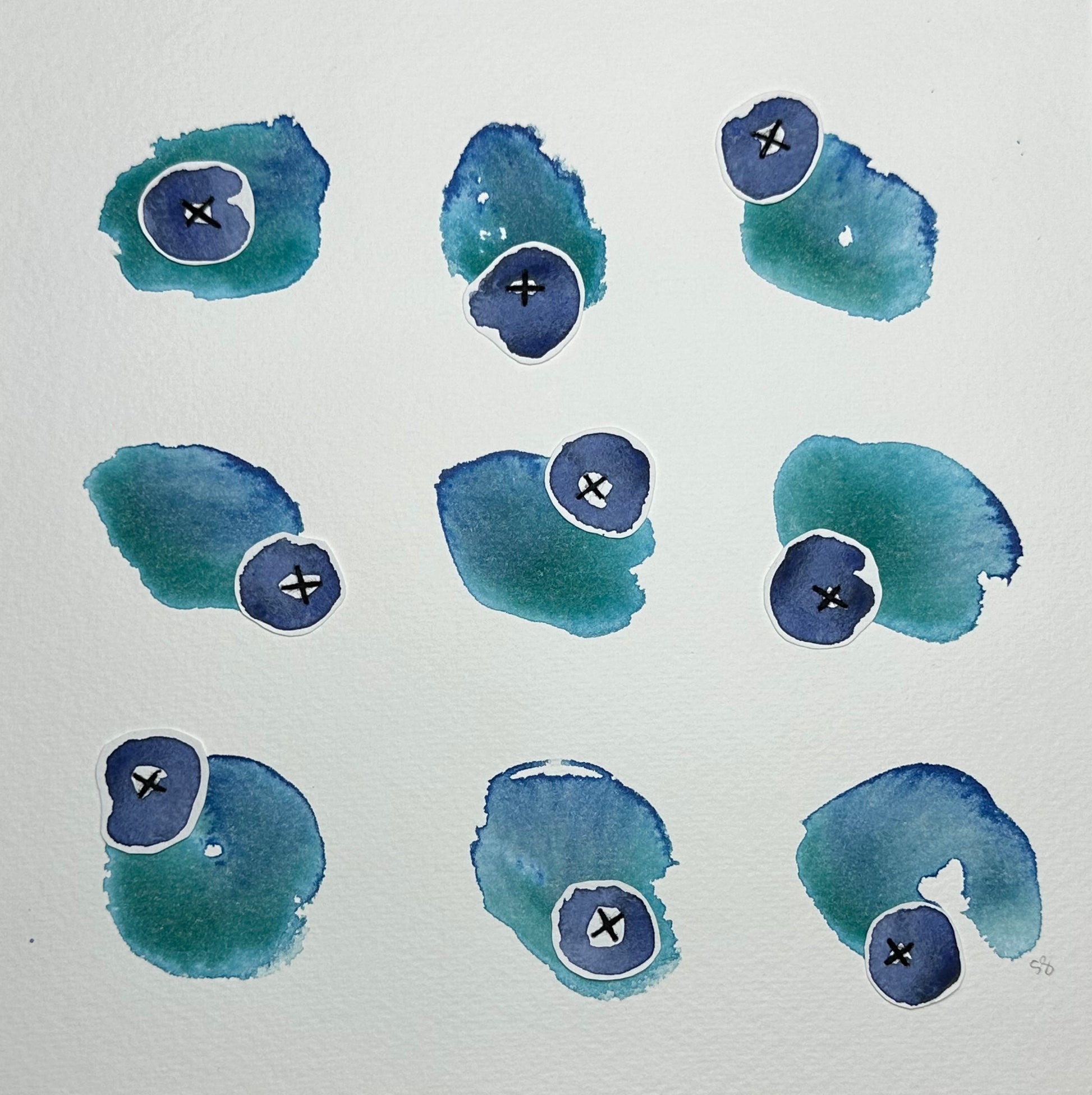 A painting by Suzanne Gibbs of blue watercolor splotches on paper and various dot shapes with a minimalist aesthetic.