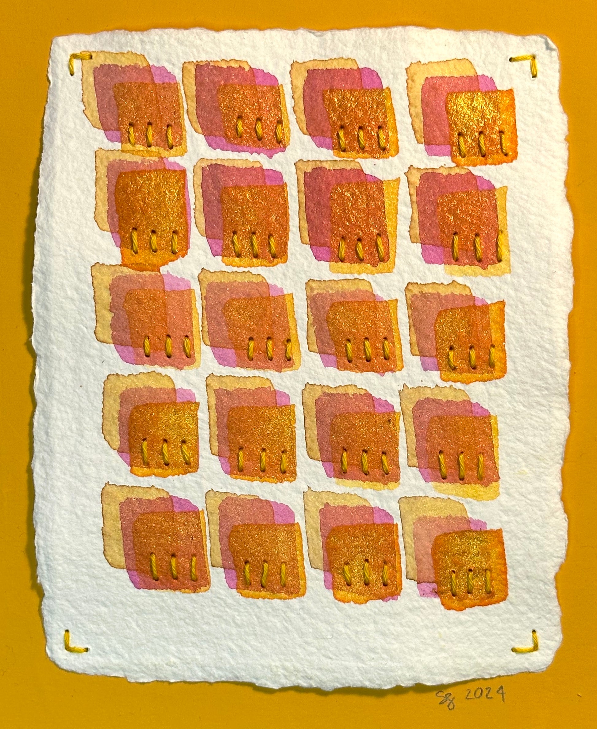 A watercolor painting titled ‘Stitch & So #17 In Threes’ featuring a grid of small, geometric shapes in gold, pink, and yellow on a white background, signed and dated by Suzanne Gibbs.