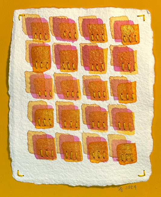 A watercolor painting titled ‘Stitch & So #17 In Threes’ featuring a grid of small, geometric shapes in gold, pink, and yellow on a white background, signed and dated by Suzanne Gibbs.