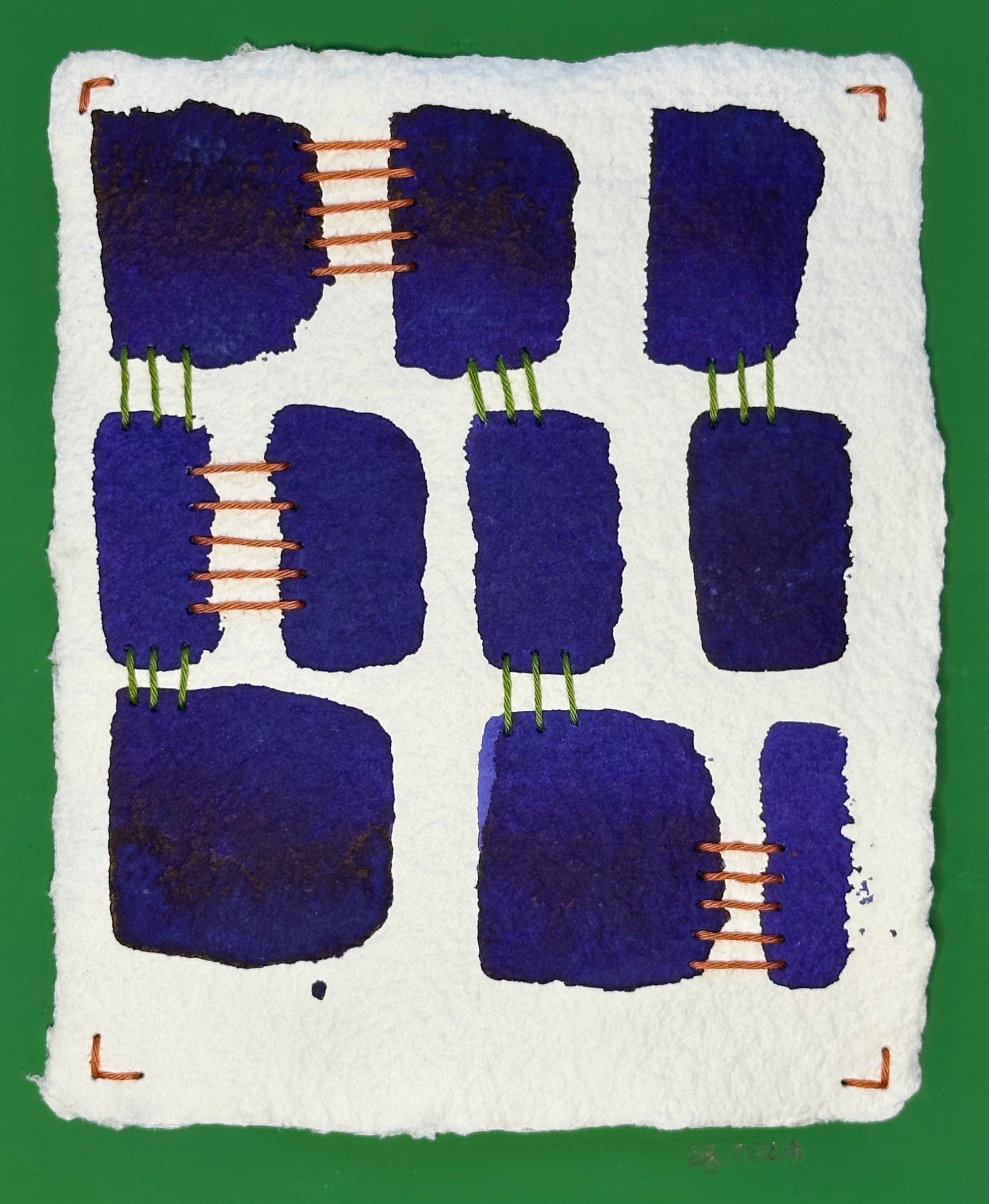 A contemporary watercolor painting by Suzanne Gibbs featuring a grid of deep purple geometric shapes on a white background, with sashiko thread attachments and a green border.