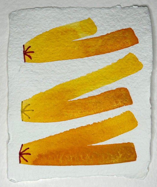 Mixed media artwork by Suzanne Gibbs from her Stitch & So series, created with golden watercolor paint and thread on handmade paper.
