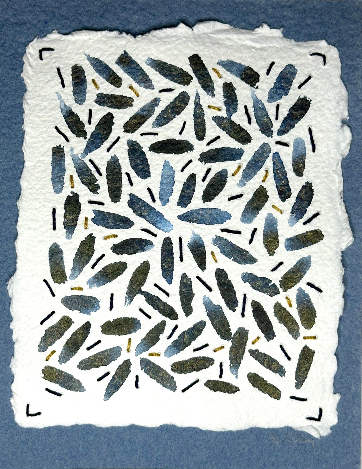 A watercolor, Sashiko thread on paper collage painting featuring a stitched seed-like pattern, signed and dated by Suzanne Gibbs on the front.