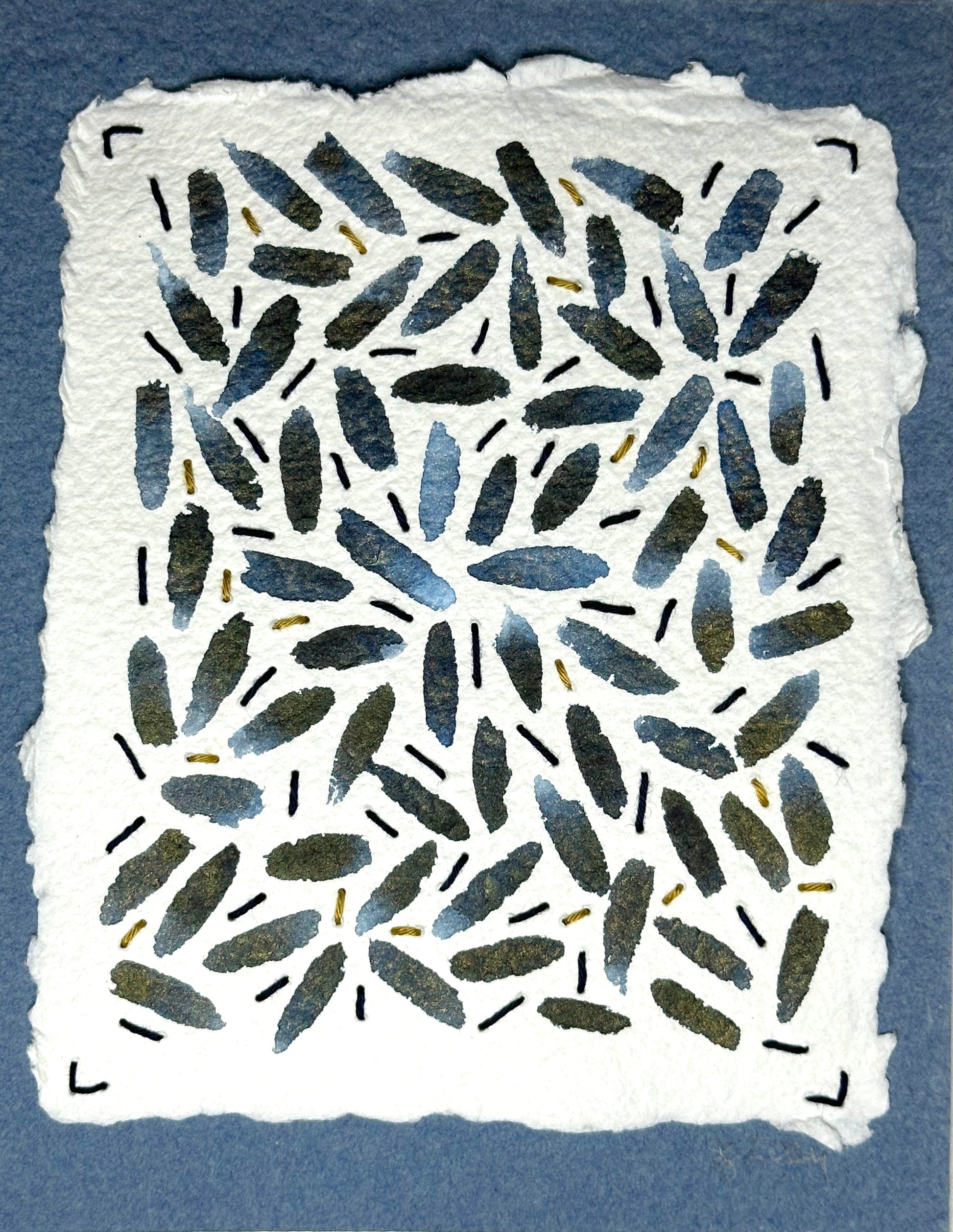 A watercolor, Sashiko thread on paper collage painting featuring a stitched seed-like pattern, signed and dated by Suzanne Gibbs on the front.
