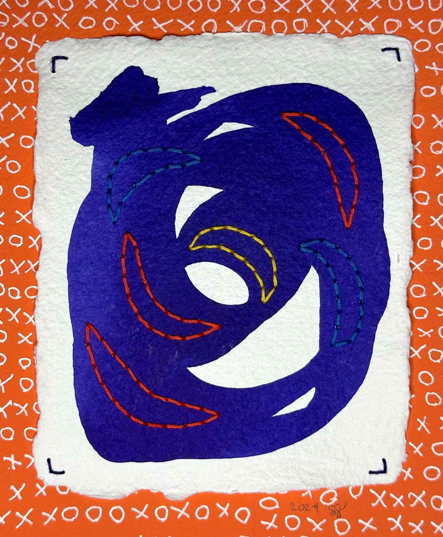 A mixed media painting featuring stitched moons in blue, yellow, and red over a purple swoosh pattern on a white background with an orange border, signed and dated by the artist on the front.