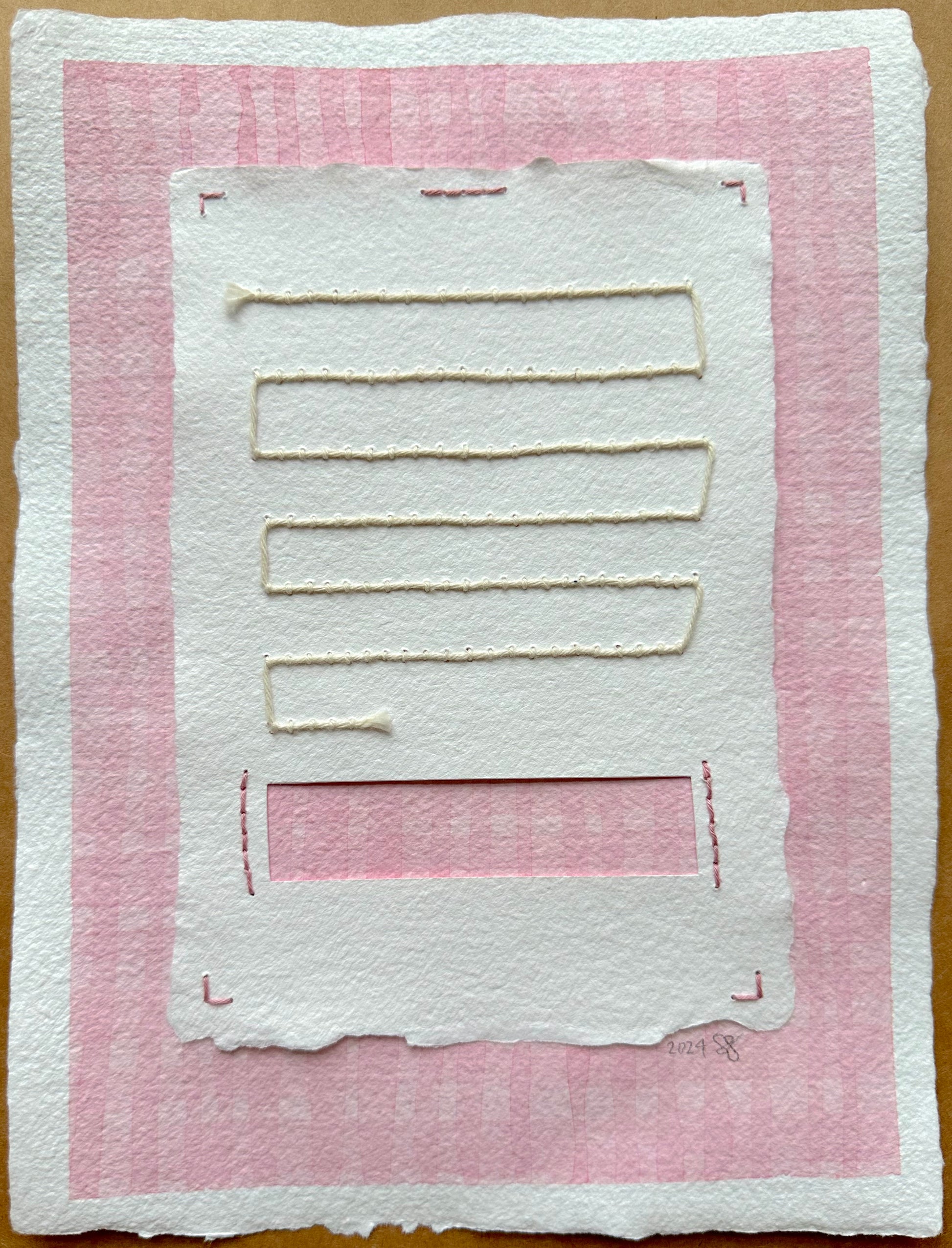 A handcrafted paper collage painting by Suzanne Gibbs featuring pink and white layers with stitched elements.