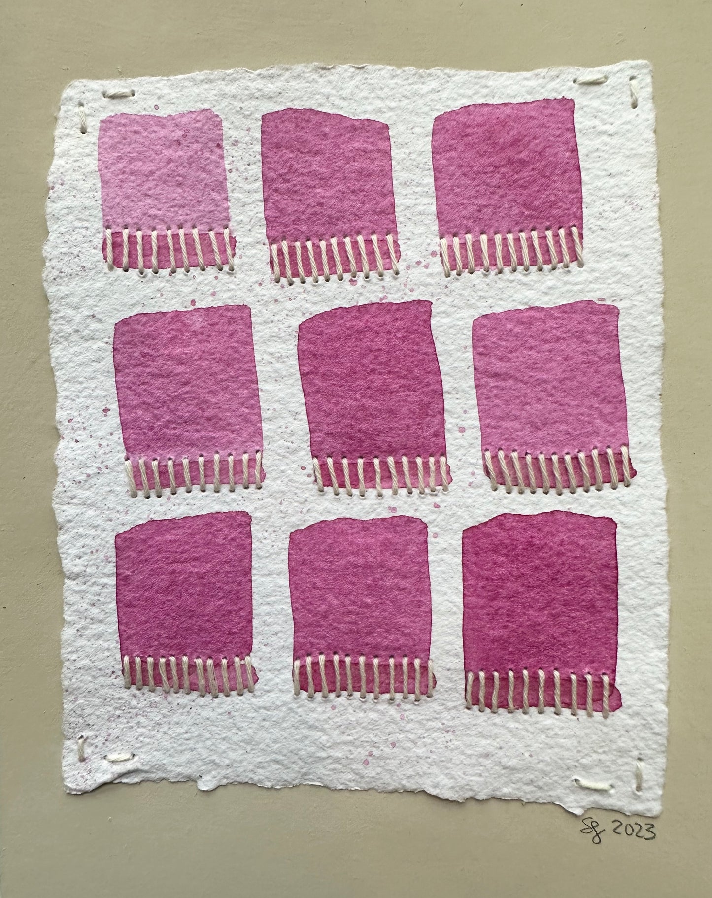Stitch and So #9 Pink Over Cream | Stitch Painting | Original Art