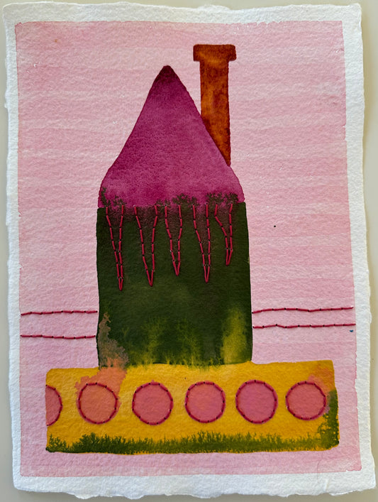 Fragments of Home #31, watercolor and Sashiko thread on paper, featuring a green house with a pink roof, stitched magenta flames, and a yellow base with pink circles against a soft pink background.