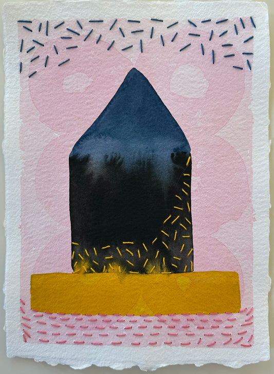Fragments of Home #33, Icy Hot by Suzanne Gibbs, watercolor and Sashiko thread on paper, featuring a dark blue house form with yellow stitching on a gold base against a pale pink background.