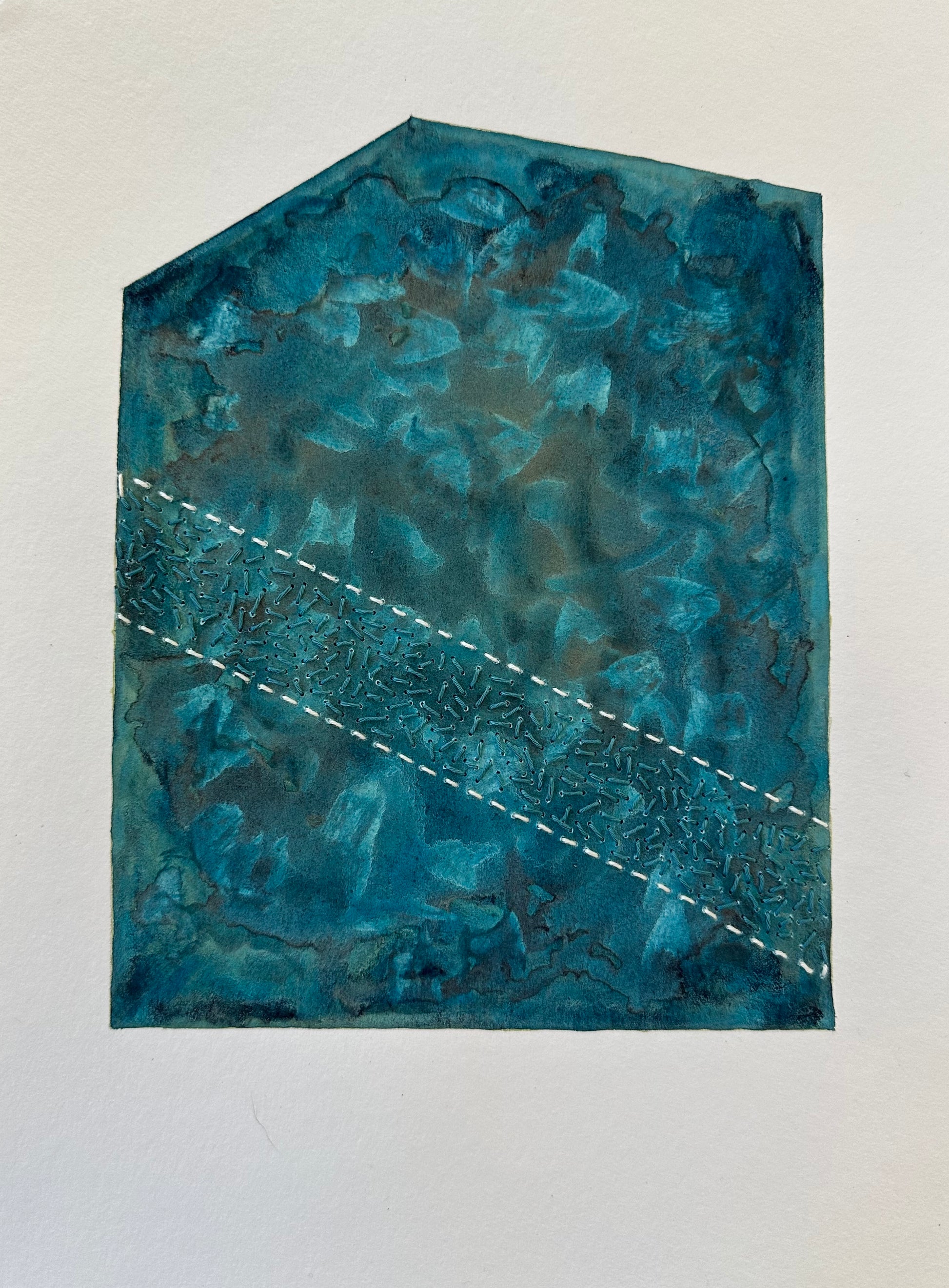 Fragments of Home #36, Home Sash by Suzanne Gibbs. A teal watercolor house form crossed diagonally by a stitched sash of dense teal thread, bordered by two dashed white lines.