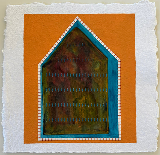 Fragments of Home #37, Difficult Space by Suzanne Gibbs. A house-shaped form in layered watercolor framed by teal and white stitched borders, set against a bold orange background.