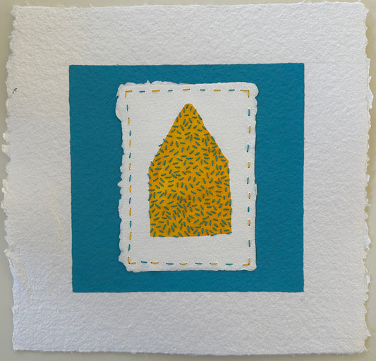 Fragments of Home #38, Not So Seedy by Suzanne Gibbs. A yellow house shape filled with teal stitches, layered on white paper and set against a teal ground.