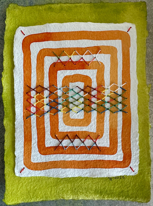 A painted bullseye design art piece featuring watercolor and Sashiko thread on handcrafted paper, presented in a collage format, predominantly in orange, white, and green by Suzanne Gibbs.