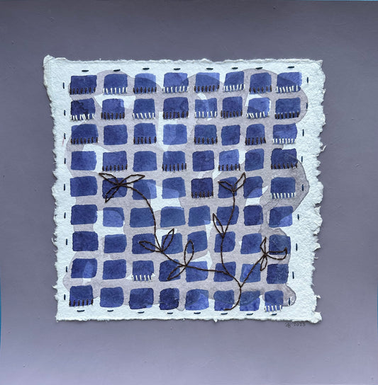 A collage painting by Suzanne GIbbs featuring a grid pattern with floral elements, predominantly in shades of blue, lavender, and white, with black lines and Sashiko thread detailing.