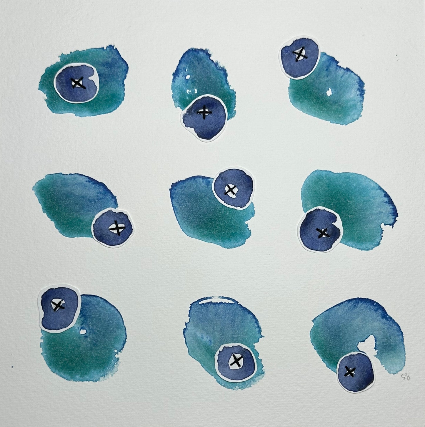 A painting by Suzanne Gibbs of blue watercolor splotches on paper and various dot shapes with a minimalist aesthetic.
