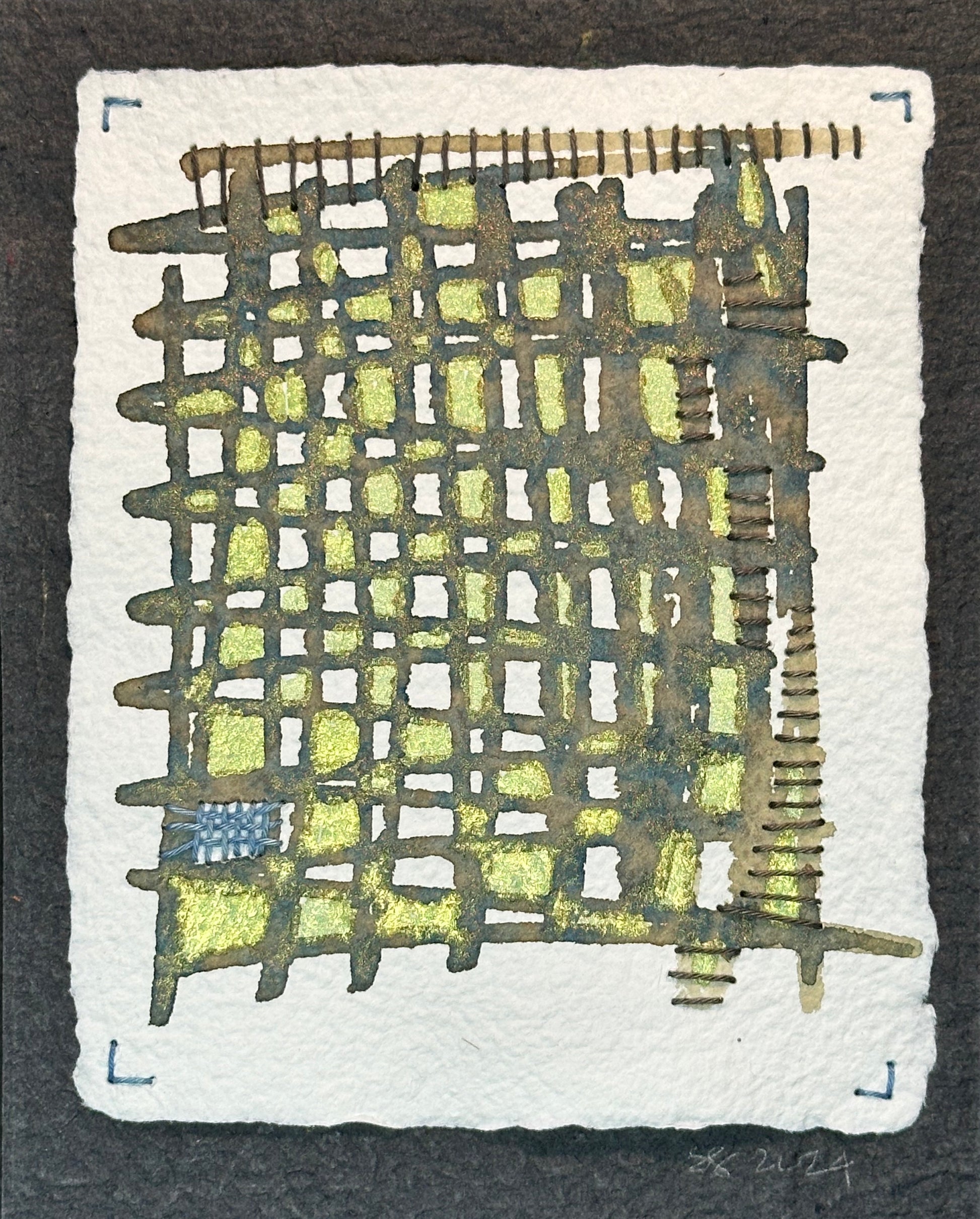 A contemporary watercolor painting featuring a grid pattern with blue accents and sashiko thread details, signed and dated by the artist, Suzanne Gibbs.