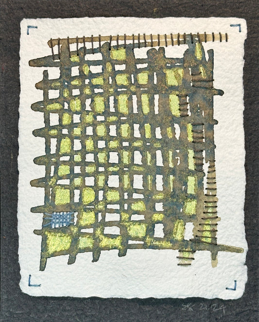 A contemporary watercolor painting featuring a grid pattern with blue accents and sashiko thread details, signed and dated by the artist, Suzanne Gibbs.