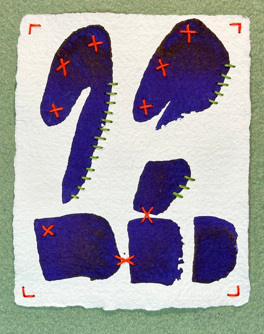 A watercolor painting featuring red and green Sashiko thread stitches over purple abstract marks on a white background, part of the Stitch & So series by Suzanne Gibbs.