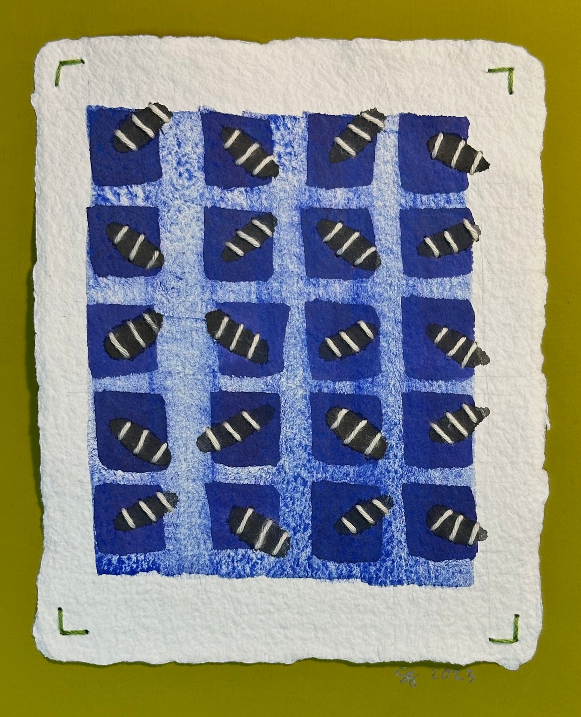A watercolor and stitched painting featuring a grid of bugs in shades of blue on a white background, signed and dated by Suzanne Gibbs.