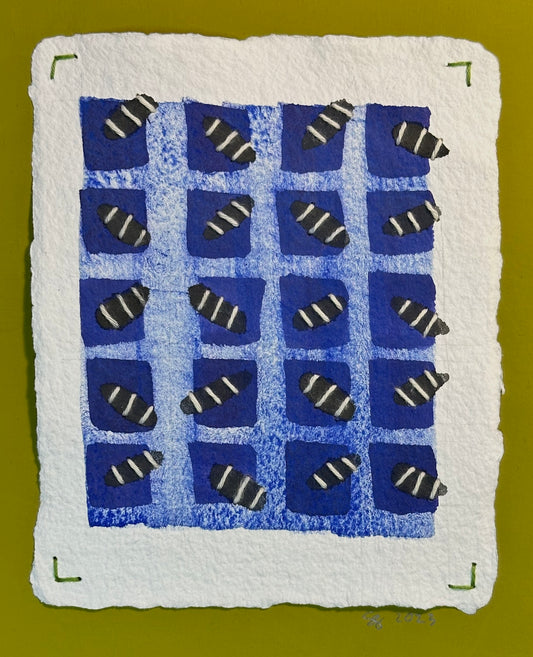A watercolor and stitched painting featuring a grid of bugs in shades of blue on a white background, signed and dated by Suzanne Gibbs.