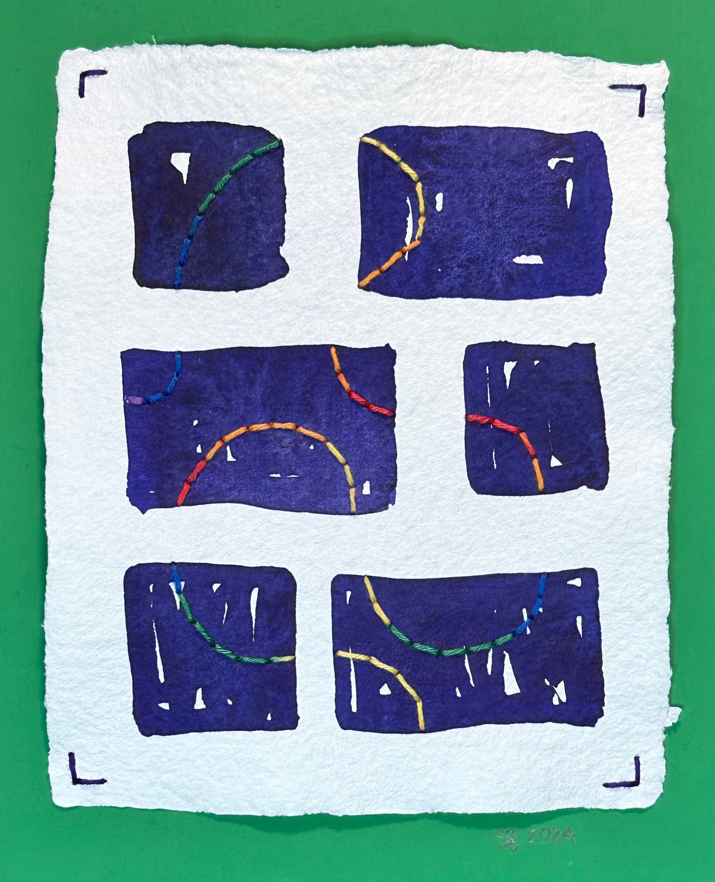 Mixed media artwork by Suzanne Gibbs from her Stitch & So series, created with watercolor paint and thread on handmade paper, the rainbow stitched lines appear to be going past windows.