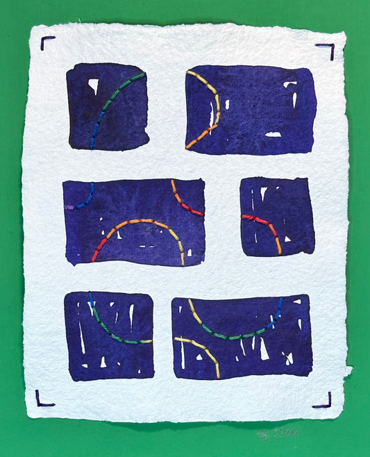 Mixed media artwork by Suzanne Gibbs from her Stitch & So series, created with watercolor paint and thread on handmade paper, the rainbow stitched lines appear to be going past windows.