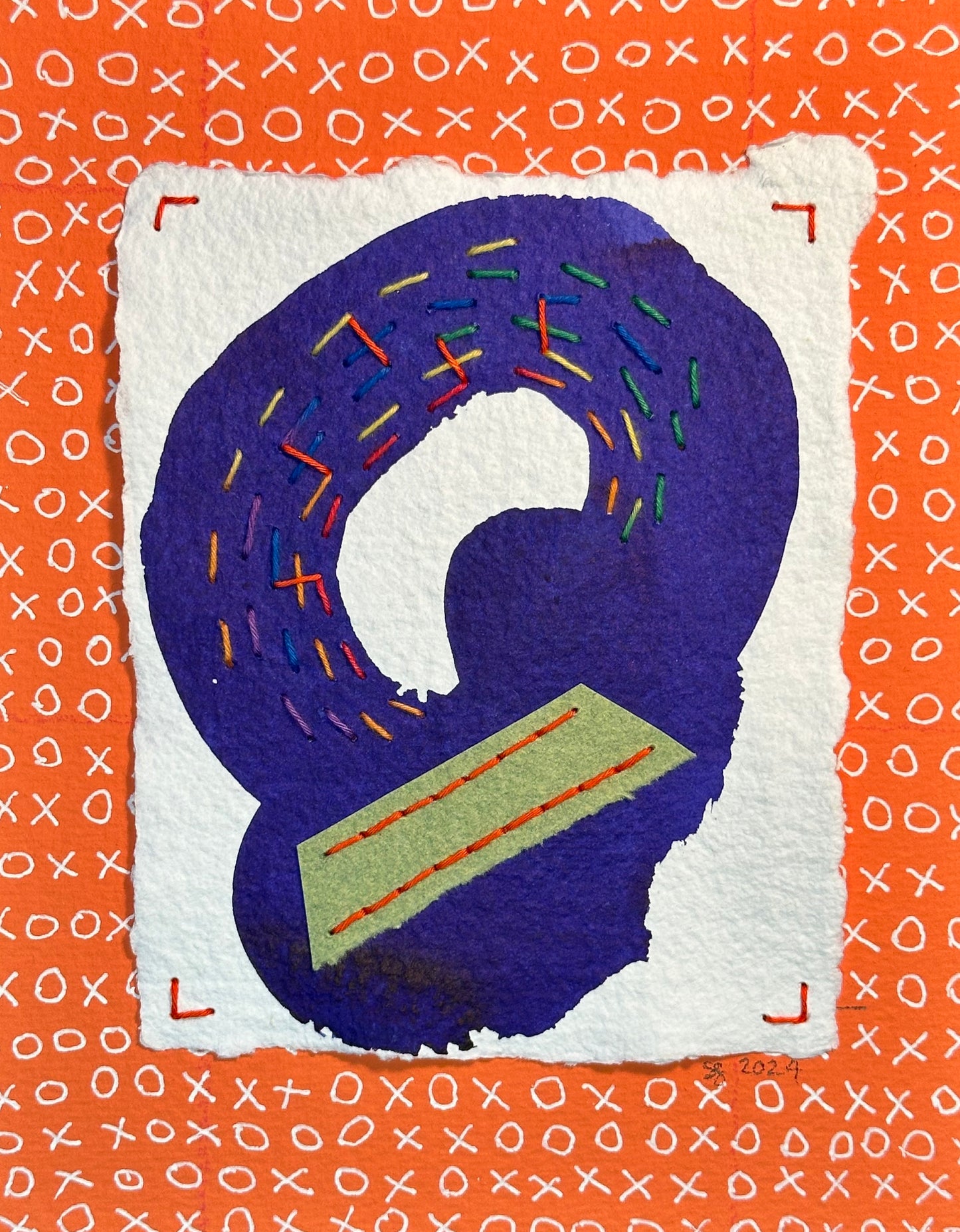 A painting with purple and orange colors, featuring textures and patterns resembling a stitched or embroidered texture, signed and dated by Suzanne Gibbs.