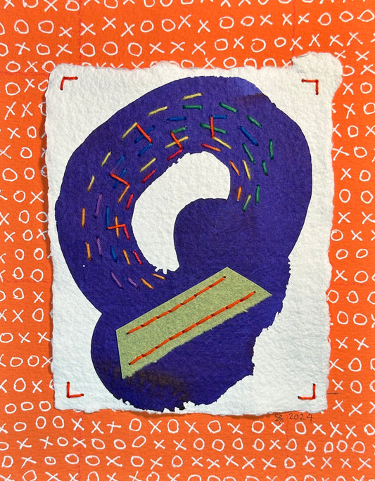 A painting with purple and orange colors, featuring textures and patterns resembling a stitched or embroidered texture, signed and dated by Suzanne Gibbs.