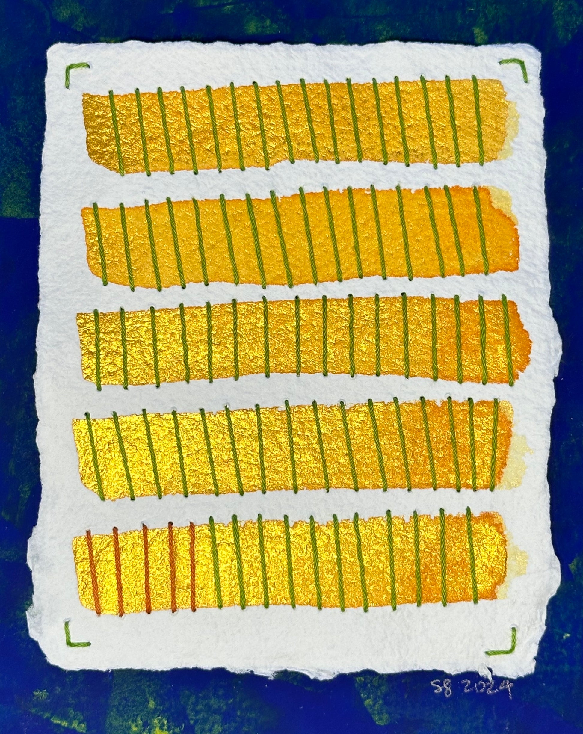 Mixed media artwork by Suzanne Gibbs from her Stitch & So series, created with Flashe paint, watercolor paint and Sashiko thread on handmade paper.