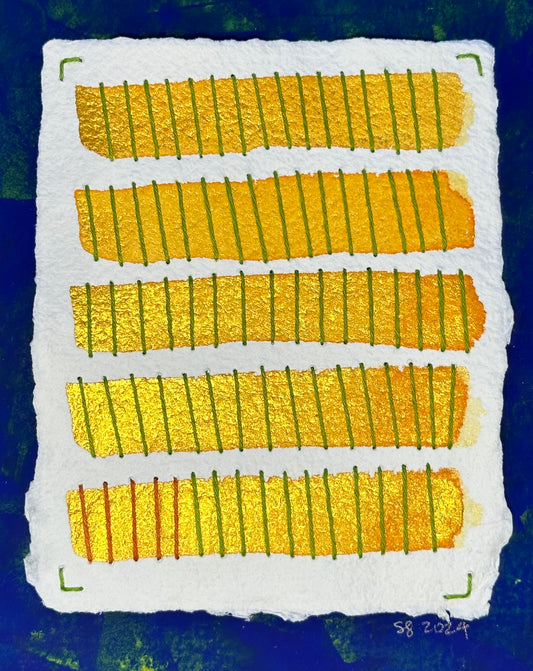 Mixed media artwork by Suzanne Gibbs from her Stitch & So series, created with Flashe paint, watercolor paint and Sashiko thread on handmade paper.