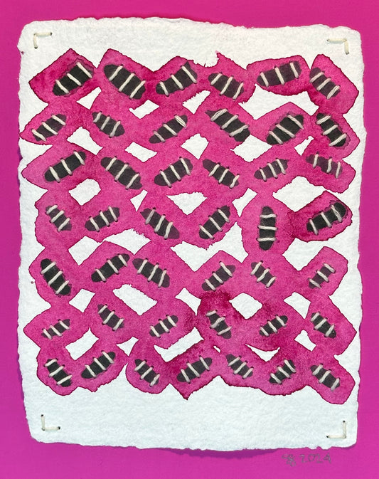 A piece of original art titled 'Stitch & So #25 Supervised Bugs' featuring a grid pattern of pink and black shapes on a white background, signed and dated by the artist, Suzanne Gibbs.