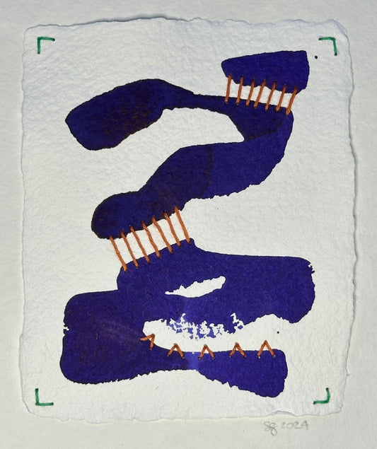 A contemporary watercolor painting featuring an abstract design that resembles a dragon, with orange Shashiko-stitched teeth, by Suzanne Gibbs.  