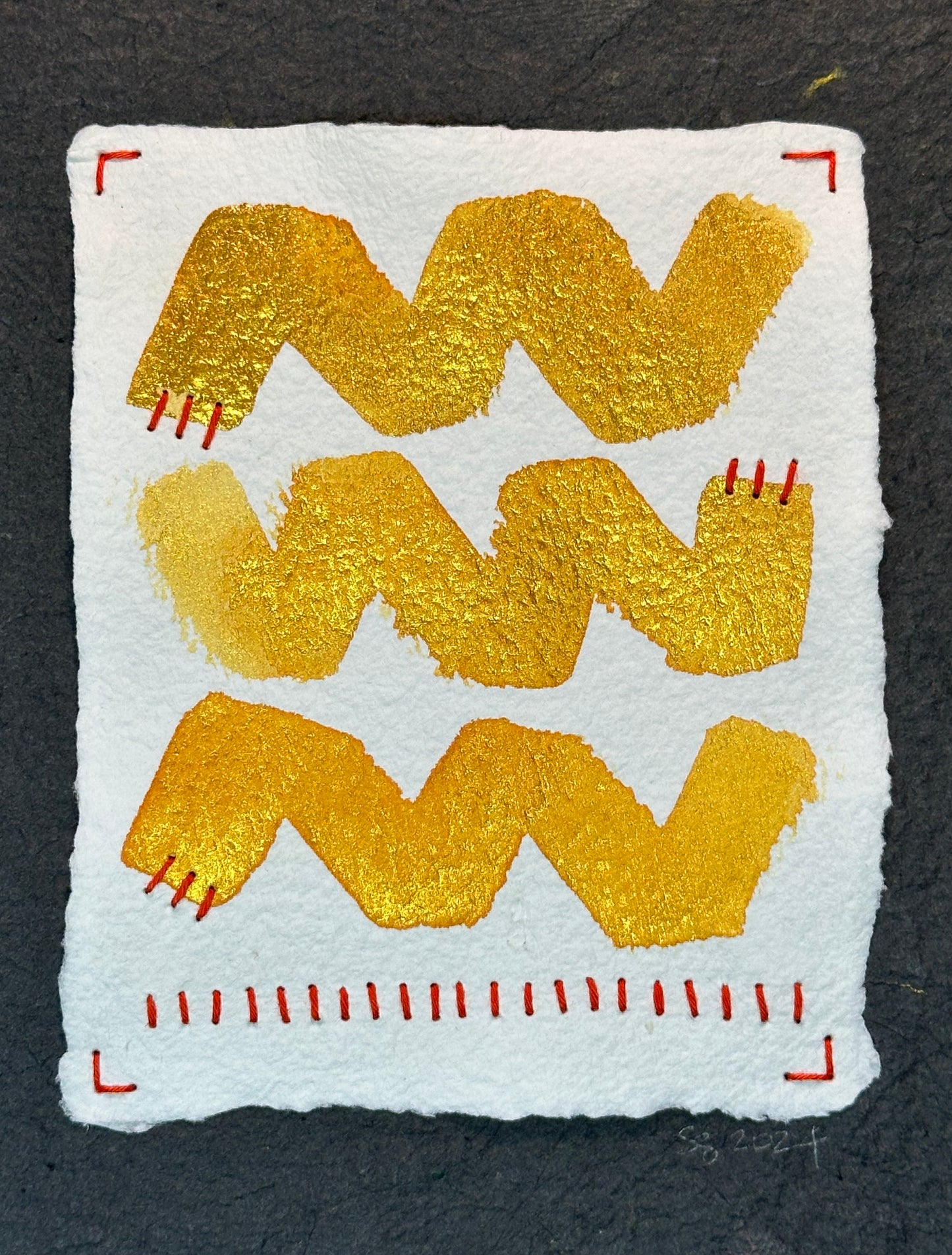 Mixed media artwork by Suzanne Gibbs from her Stitch & So series, created with watercolor paint and thread on handmade paper.