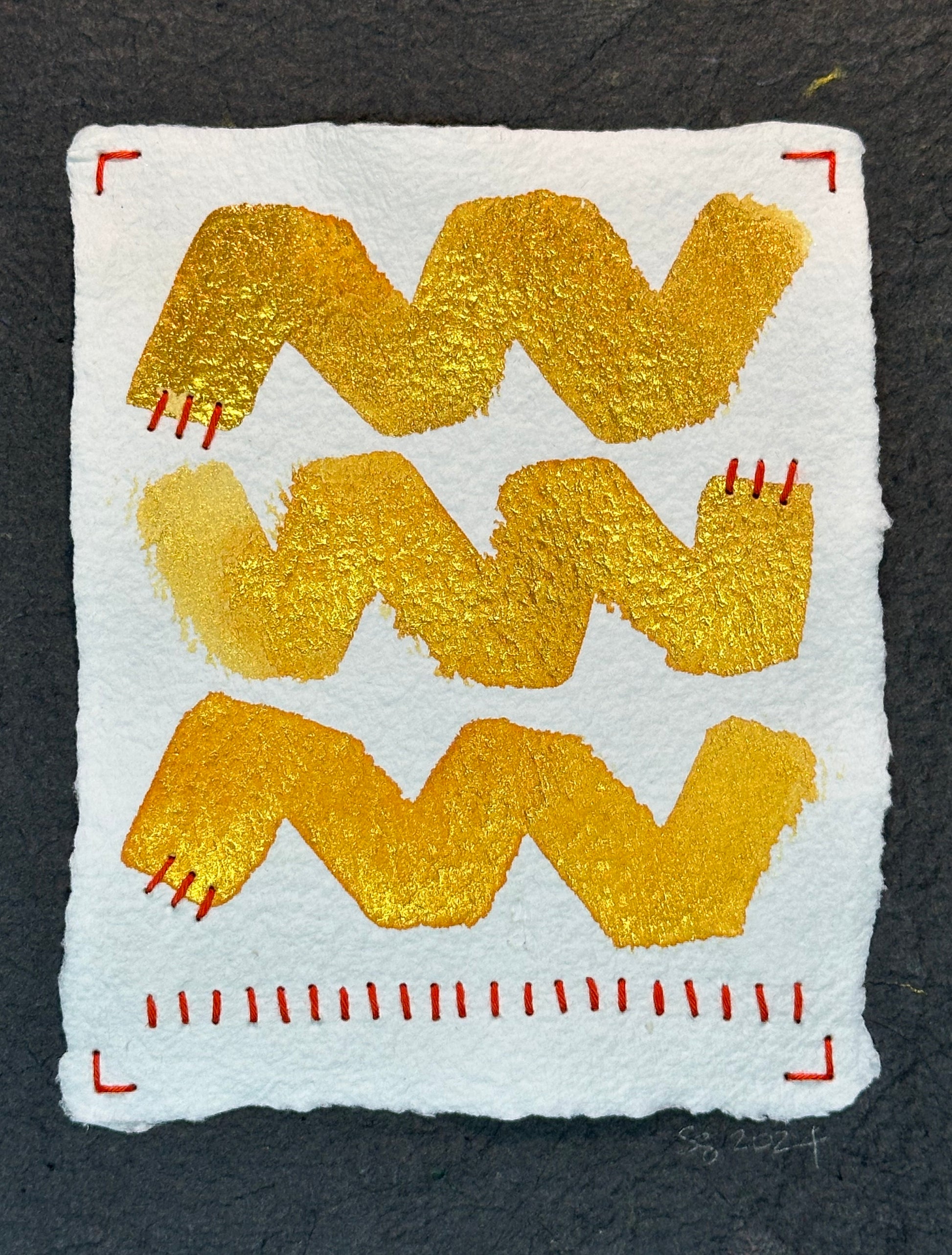 Mixed media artwork by Suzanne Gibbs from her Stitch & So series, created with watercolor paint and thread on handmade paper.