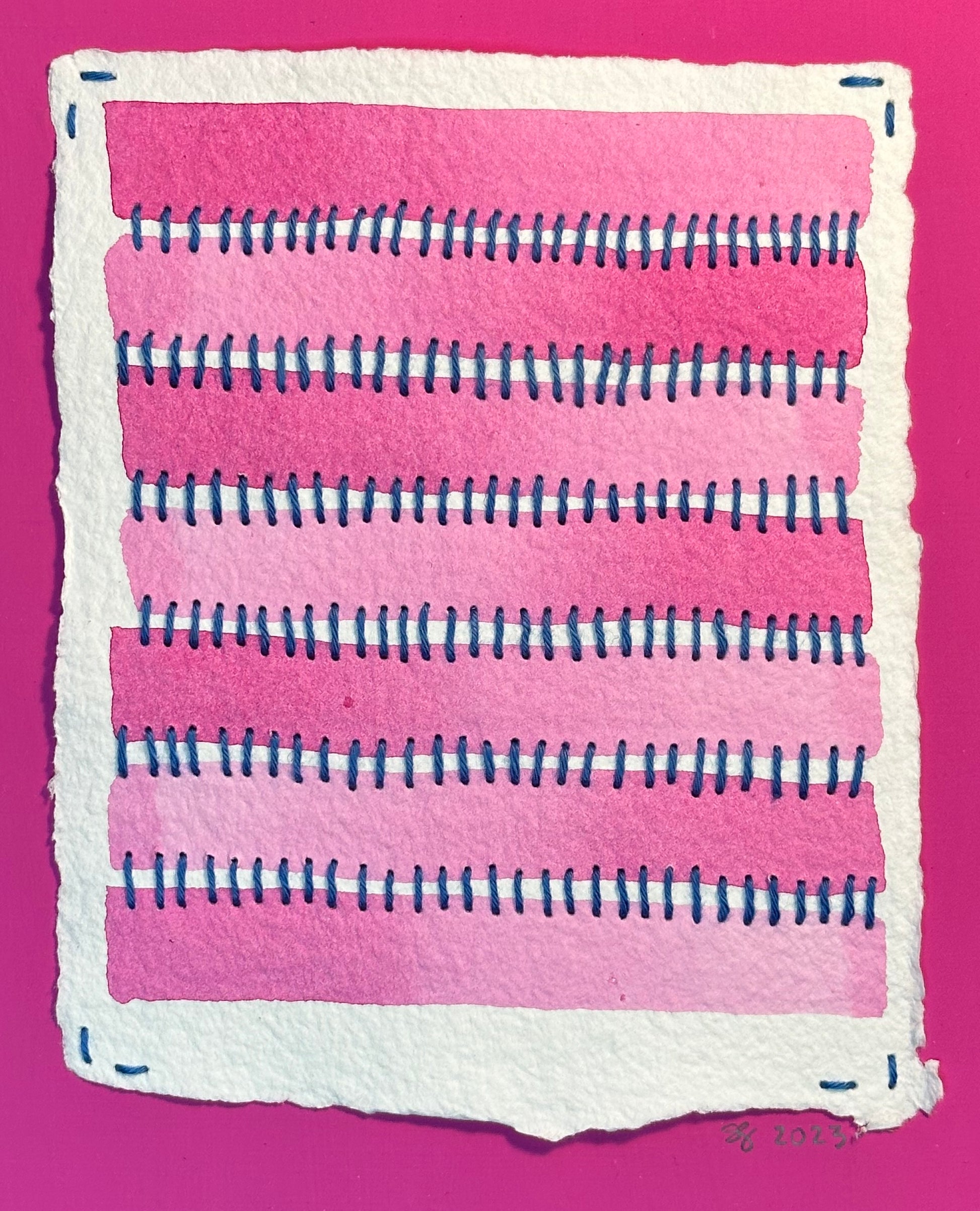 Mixed media Barbie pink art by Suzanne Gibbs from her Stitch & So series, created with Flashe paint, watercolor paint and Sashiko thread on handmade paper.