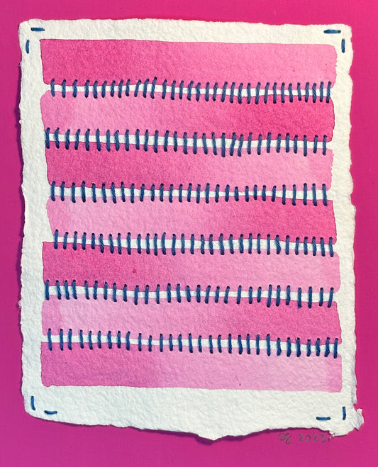 Mixed media Barbie pink art by Suzanne Gibbs from her Stitch & So series, created with Flashe paint, watercolor paint and Sashiko thread on handmade paper.