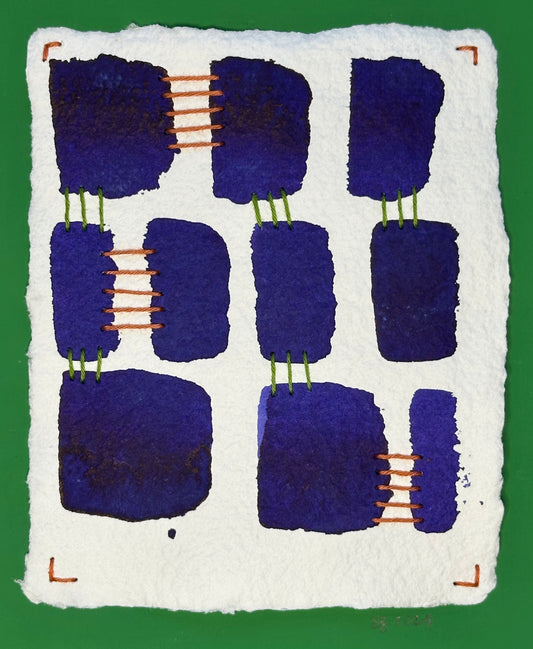 A contemporary watercolor painting by Suzanne Gibbs featuring a grid of deep purple geometric shapes on a white background, with sashiko thread attachments and a green border.