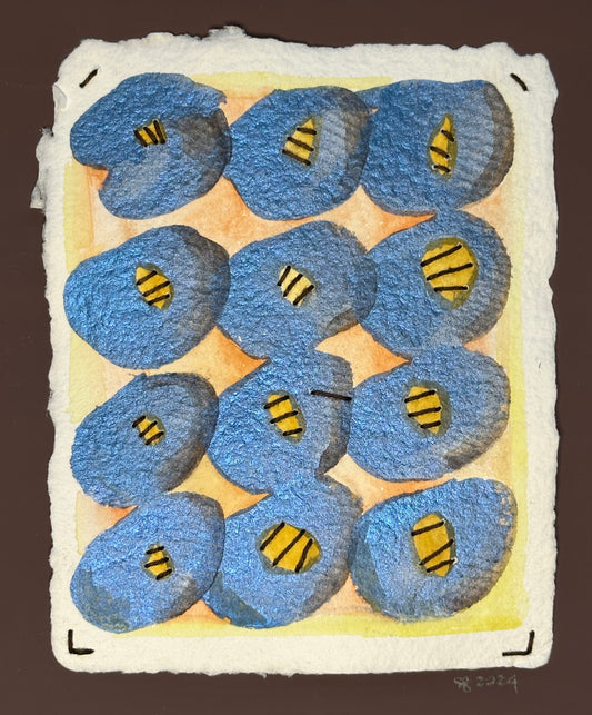 A small watercolor painting featuring geometric patterns with blue, brown, and orange colors made by Suzanne Gibbs.