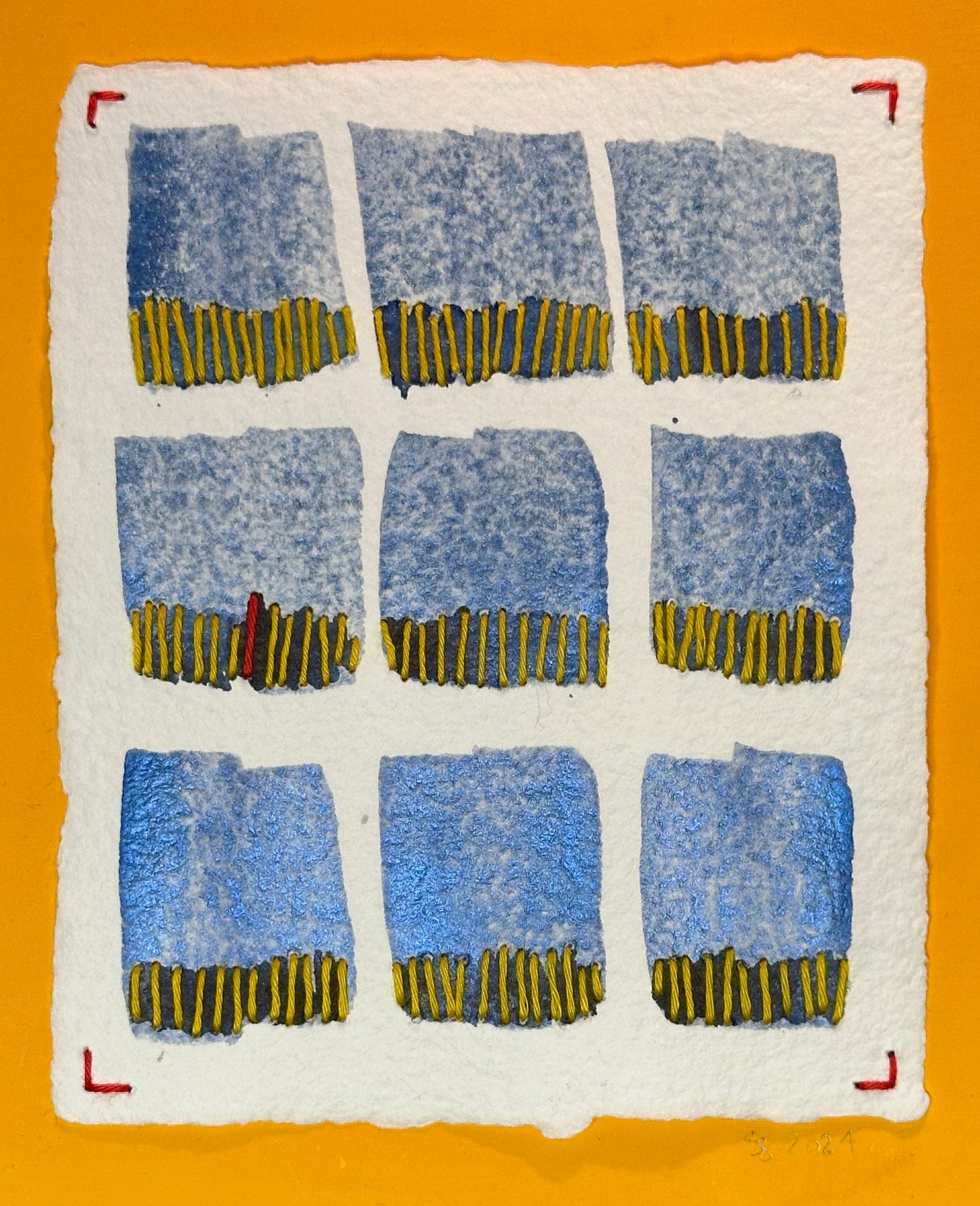 A contemporary abstract painting by Suzanne Gibbs featuring multiple blue and yellow boxes on a white background, with an orange border.
