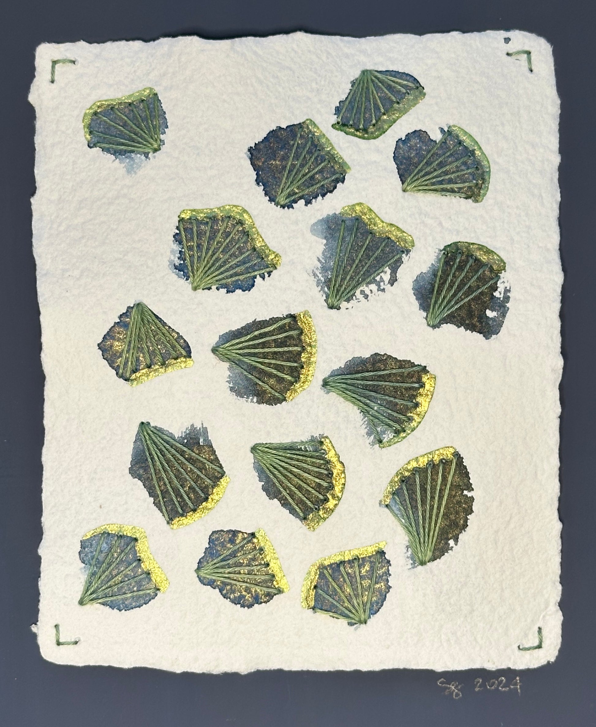 Mixed media artwork by Suzanne Gibbs from her Stitch & So series, created with shimmering watercolor paint and thread on handmade paper.