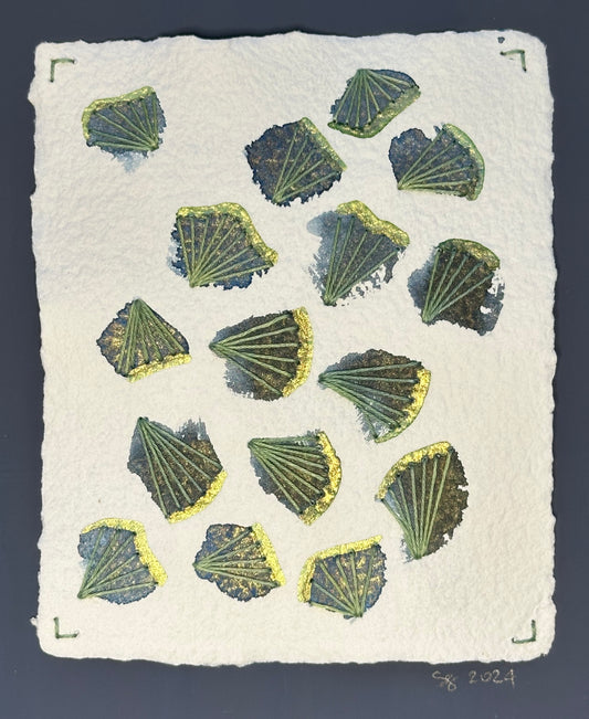 Mixed media artwork by Suzanne Gibbs from her Stitch & So series, created with shimmering watercolor paint and thread on handmade paper.