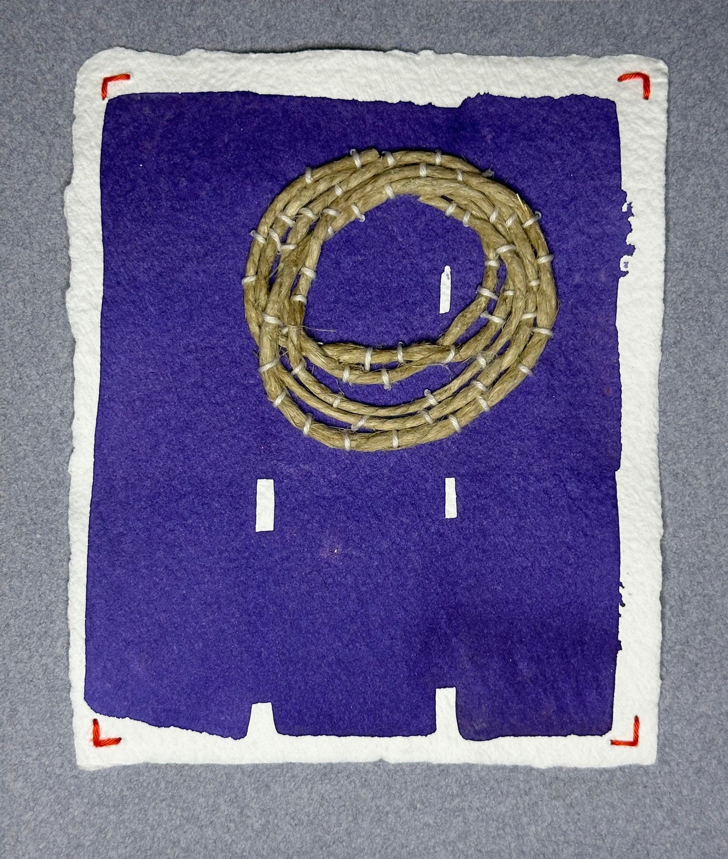 Mixed media artwork by Suzanne Gibbs from her Stitch & So series, created with watercolor paint, heavy string, and thread on handmade paper.