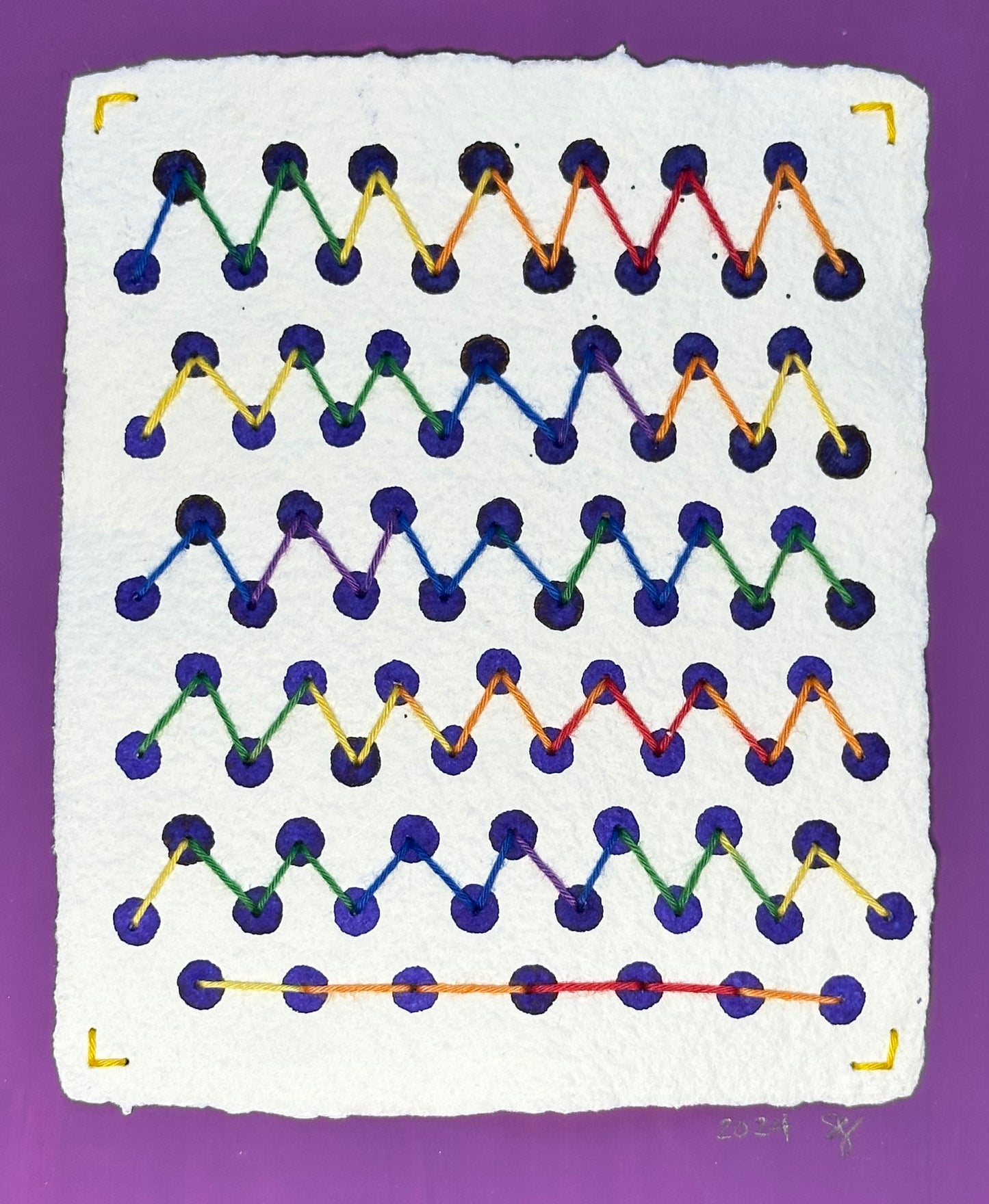 Mixed media artwork by Suzanne Gibbs from her Stitch & So series, created with watercolor paint and thread on handmade paper, featuring a grid of purple dots with stitched lines connecting the dots.
