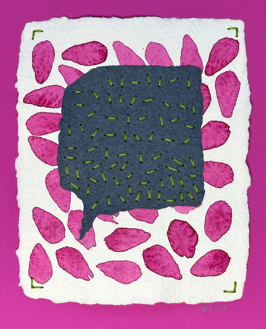 A contemporary watercolor painting by Suzanne Gibbs featuring deep blue talking bubble filled with green seed stitches over pink petals on a magenta background.