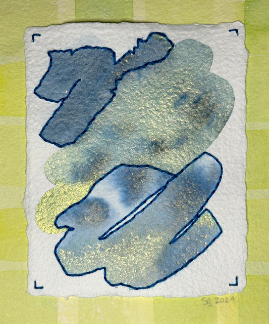 A small abstract watercolor painting on hand-crafted paper in lime and blue with stitched edge elements by Suzanne Gibbs of Portland, OR.