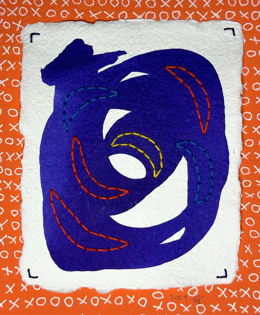 A mixed media painting featuring stitched moons in blue, yellow, and red over a purple swoosh pattern on a white background with an orange border, signed and dated by the artist on the front.